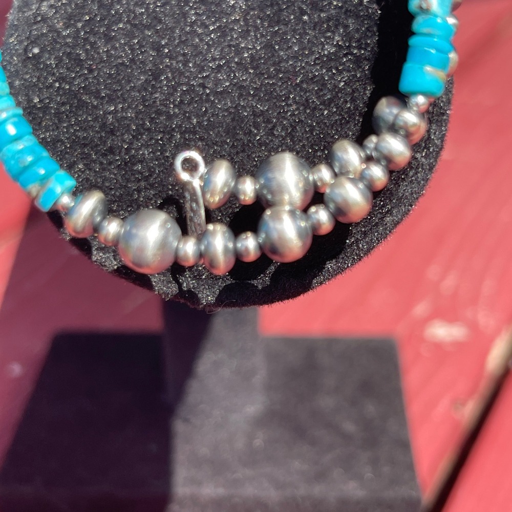 Navajo Made Turquoise and Sterling Silver Pearls Strung on Memory Wire 5-8" - Picture 5 of 7